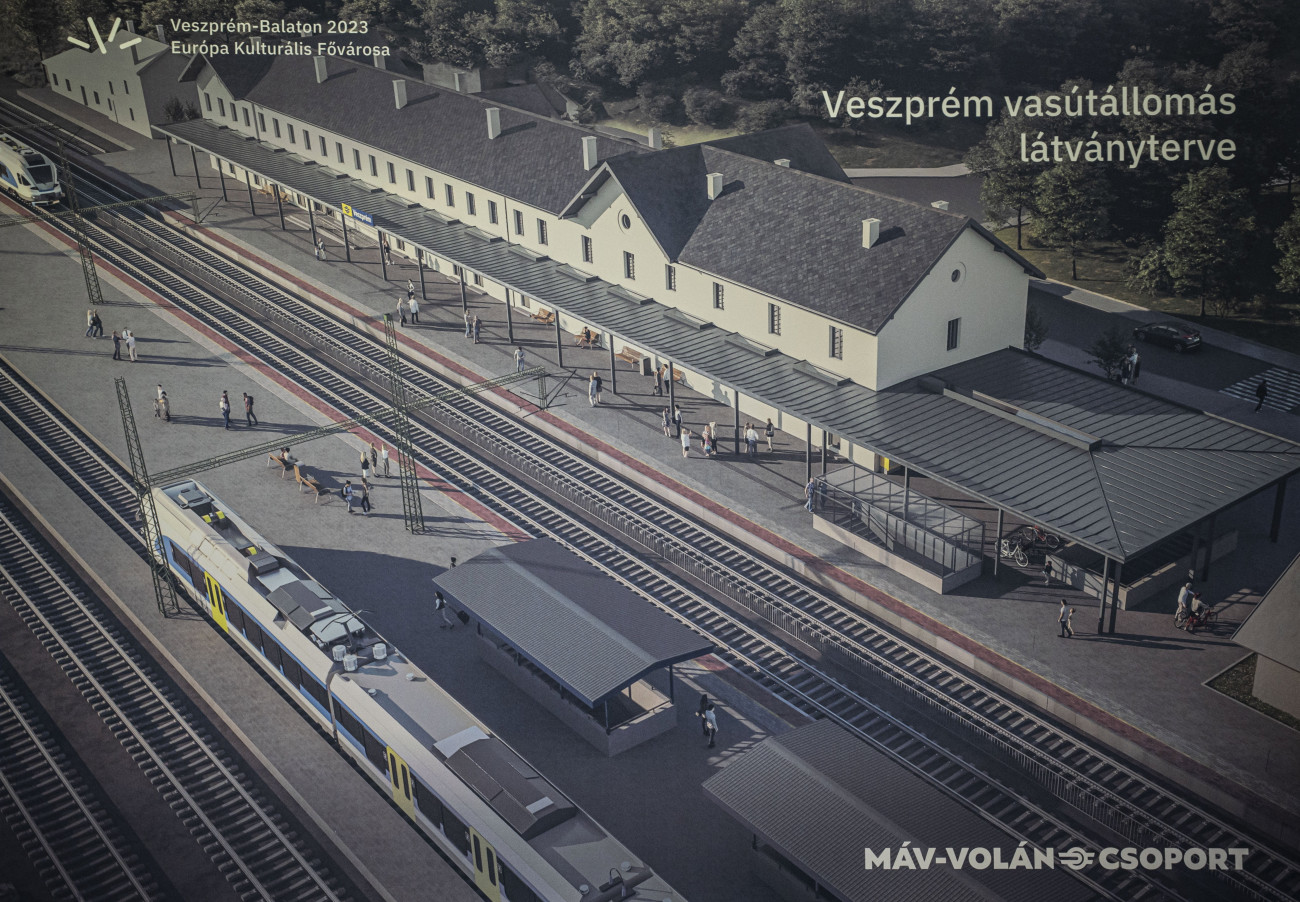 Veszprém, 2023. február 2.
Az állomás látványterve a veszprémi vasútállomás felújításáról tartott sajtótájékoztatón 2023. február 2-án. A beruházás 1,1 milliárd forintból valósul meg, melyből 750 millió kormányzati támogatás, 350 millió forintot pedig a MÁV saját forrásból különített el.
MTI/Bodnár Boglárka