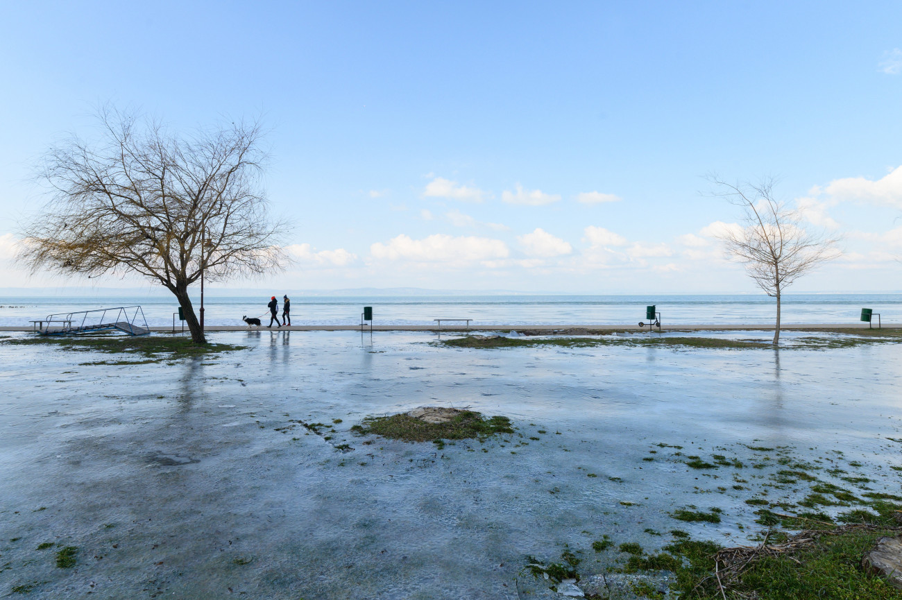 Siófok, 2023. február 8.
Megfagyott víz a Balaton partján Siófoknál 2023. február 8-án.
MTI/Vasvári Tamás