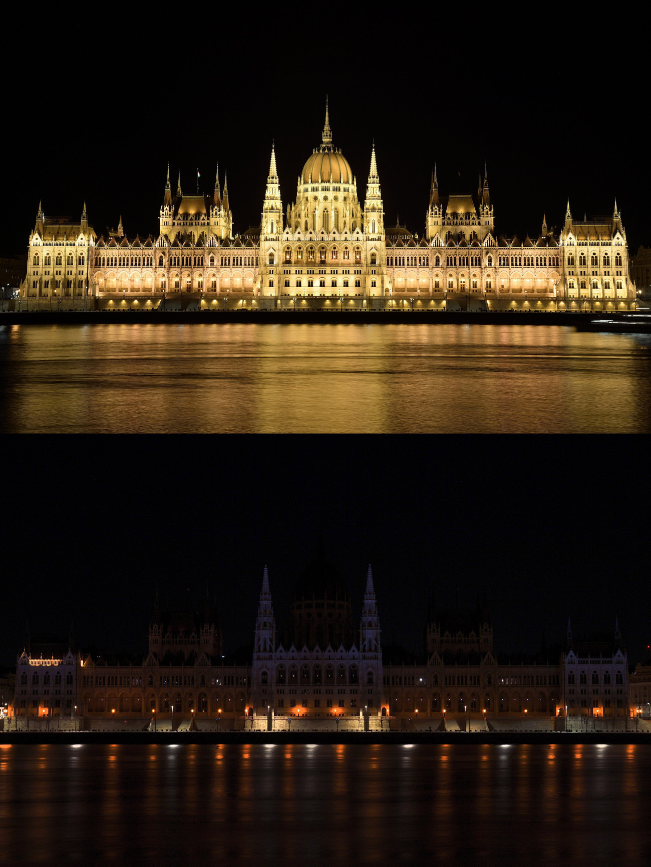 Budapest, 2023. március 25.
A Parlament épülete díszkivilágításban (fent) és anélkül (lent) a Föld órája elnevezésű akcióban 2023. március 25-én. A Föld óráját szervező Természetvédelmi Világalap (WWF) minden év márciusának utolsó szombatján, az óraátállítás előtti estén arra kéri a mozgalom támogatóit, hogy egy órára kapcsolják le a felesleges lámpákat és elektromos berendezéseket. A szimbolikus lekapcsolás célja, hogy ráirányítsa a figyelmet az éghajlatváltozásra, valamint a természeti értékek megőrzésének fontosságára és a fenntartható életmódra.
MTI/Lakatos Péter