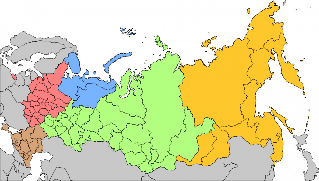 Piros: Nyugati; Barna: Déli; Zöld: Központi; Sárga: Keleti; Kék: Északi Flotta  Forrás:Wikipédia