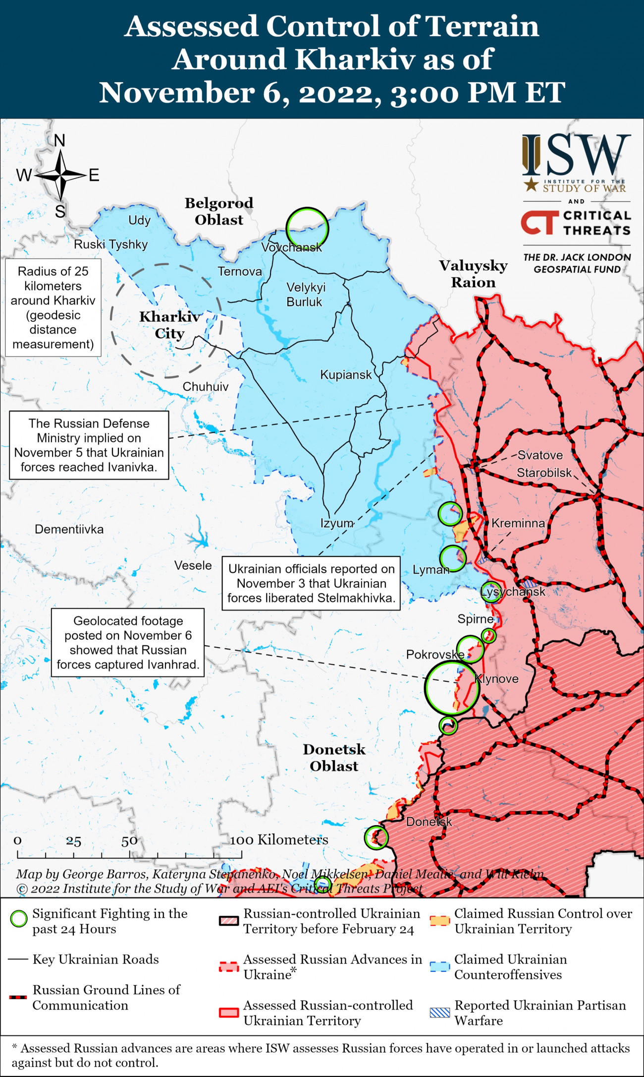 Az ISW térképe a kelet-ukrajnai front tavaly novemberi helyzetéről. Zöld körök jelölik a legsúlyosabb harcok helyszíneit. Kék az ukránok, piros az oroszok által ellenőrzött területek. Forrás: Twitter/ISW