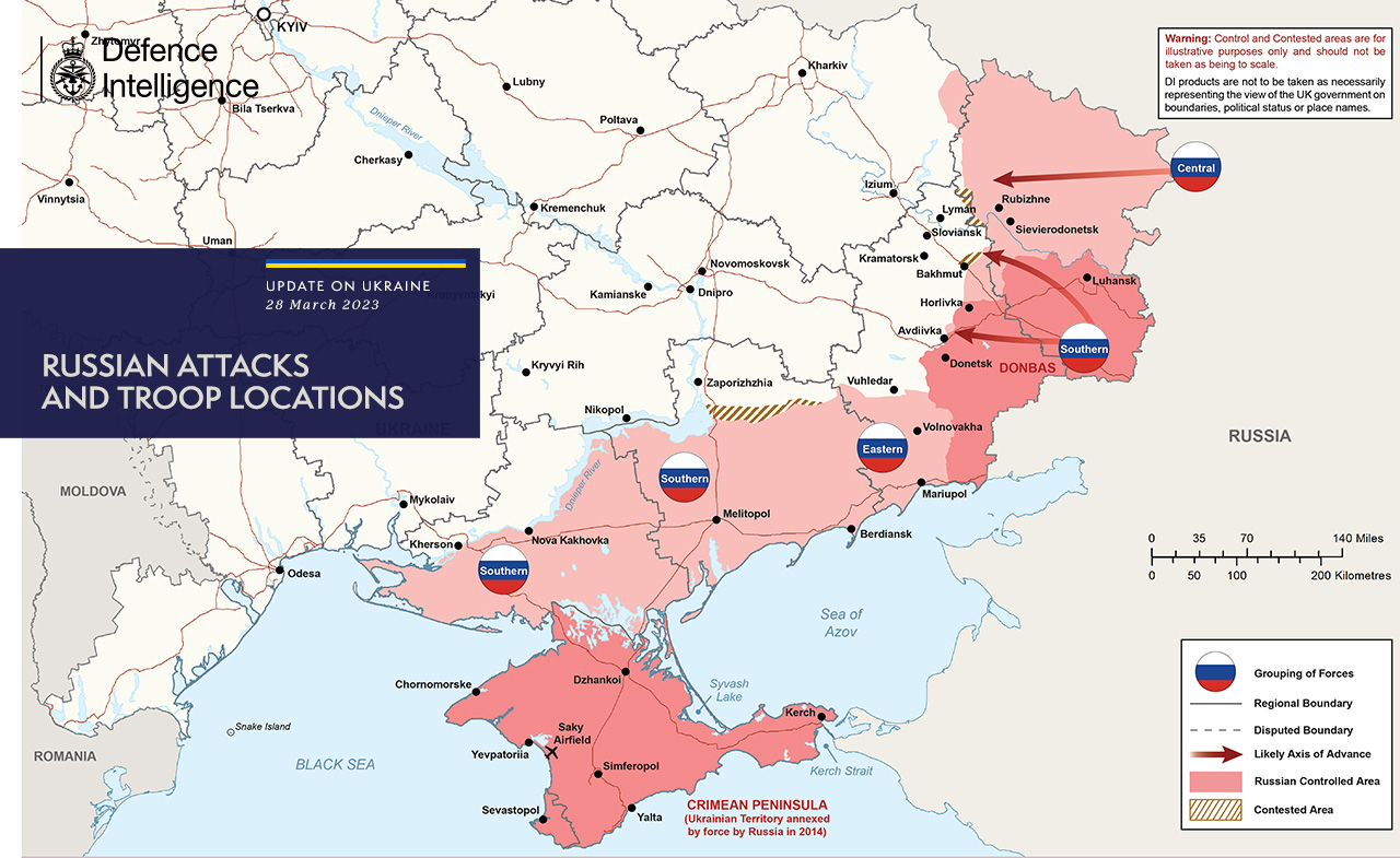 A brit Védelmi Minisztérium térképe az ukrajnai háború állásáról, 2023.03.28-án. Forrás:Twitter/Ministry of Defence