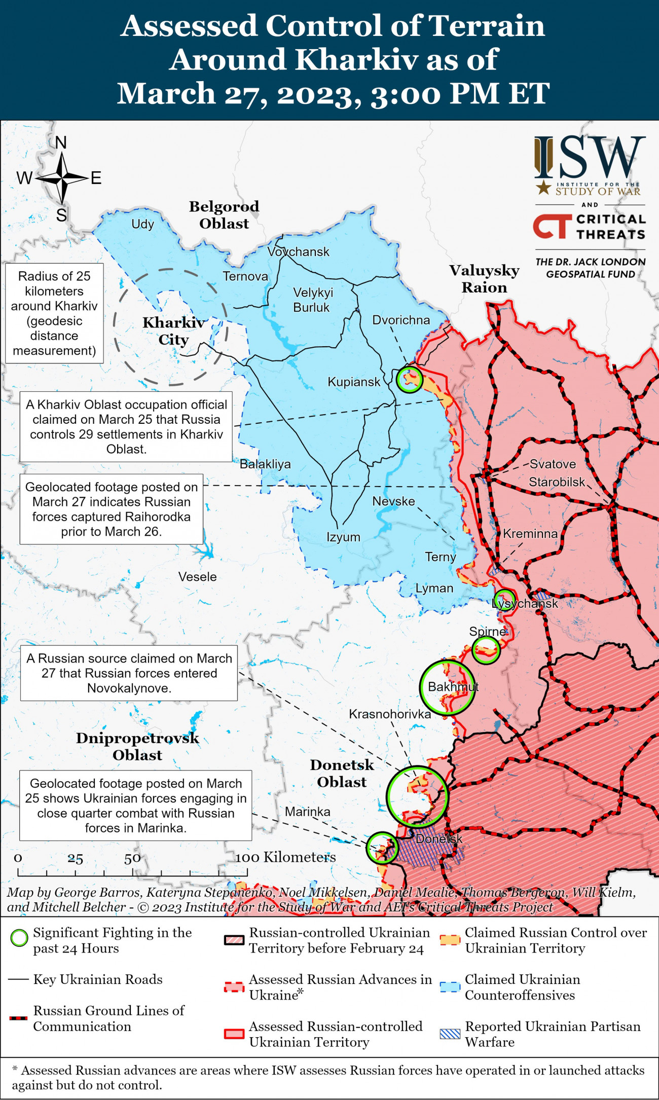 A Harkiv közeli front szakasz helyzete 2023.03.27-én. Forrás:Twitter/ISW