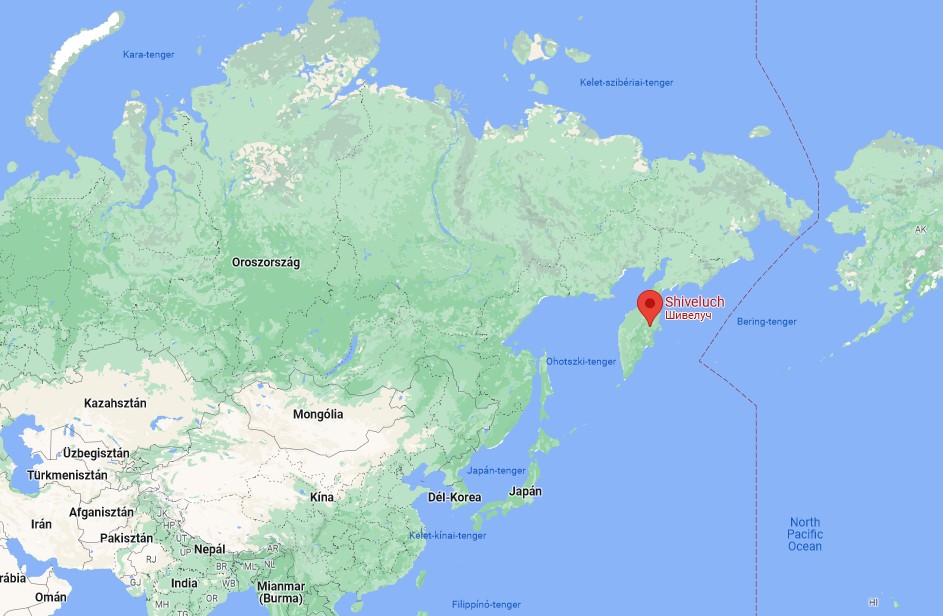 A Sivelucs vulkán a Kamcsatka félszigeten a Google térképén