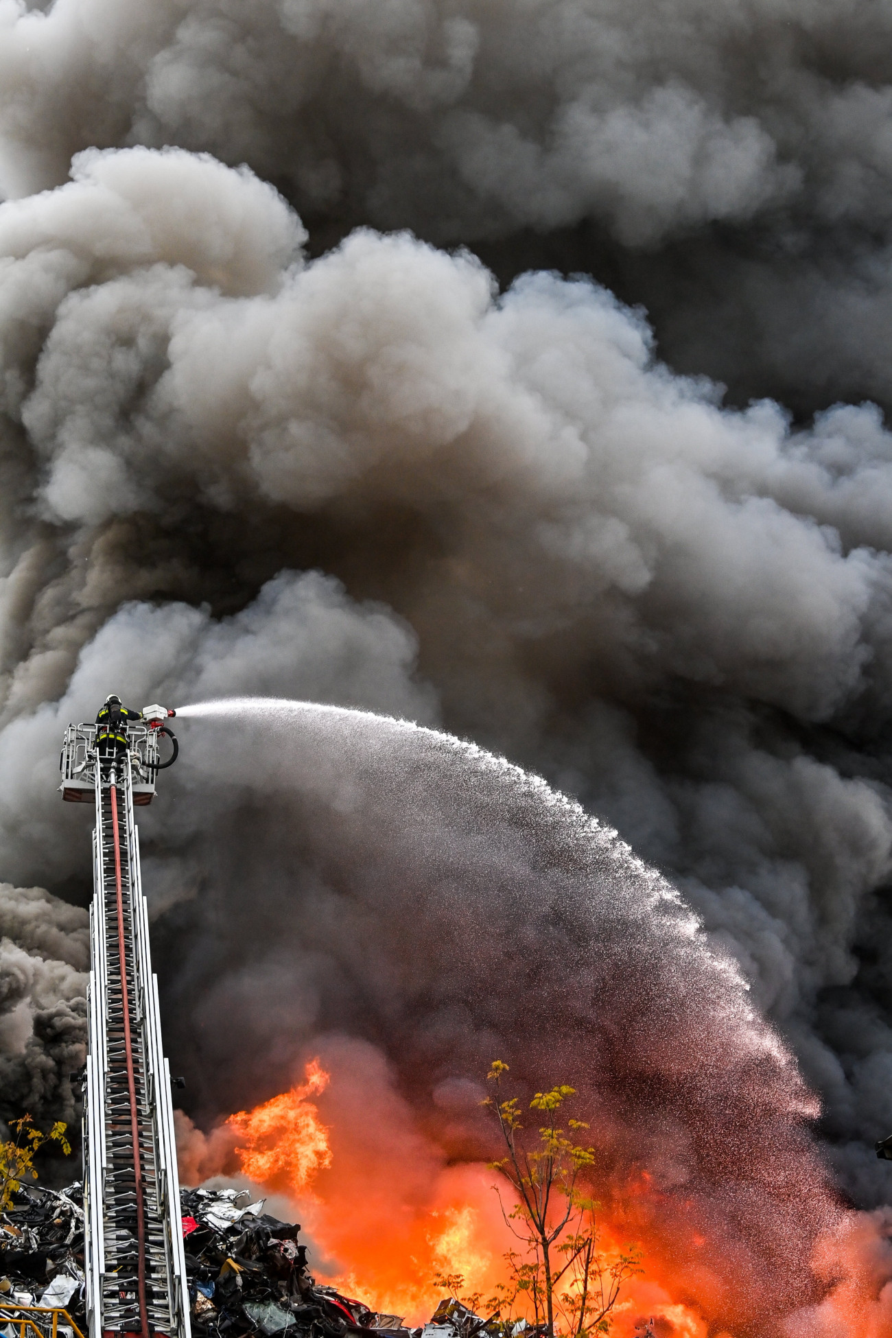 Budapest, 2023. április 28.
Létráról oltja a lángokat egy tűzoltó a XXIII. kerületben, ahol tűz ütött ki egy autóbontóban 2023. április 28-án.
MTI/Illyés Tibor