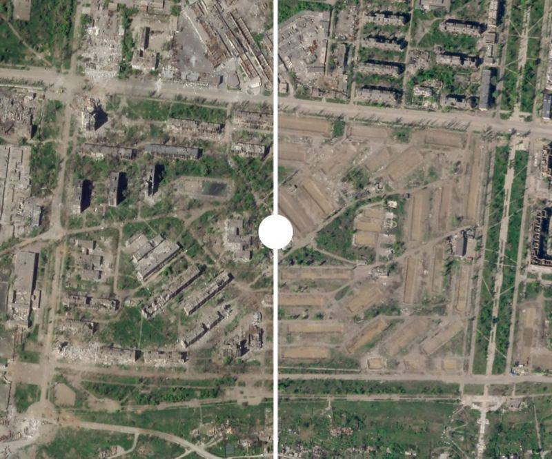 A kép baloldalán a harcokban súlyosan megrongálódott épületek láthatók. A mellette lévő felvétel pedig már a romeltakarítás utáni helyzetet mutatja. Forrás: Twitter/Putin's IBS