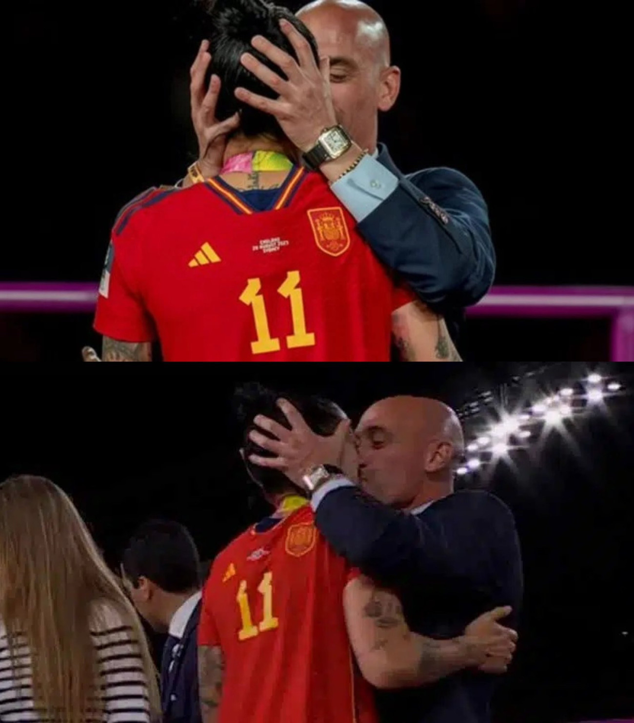 Az a bizonyos csók, amely miatt kitört a botrány a spanyol női futballválogatottnál. Forrás: X / Pan