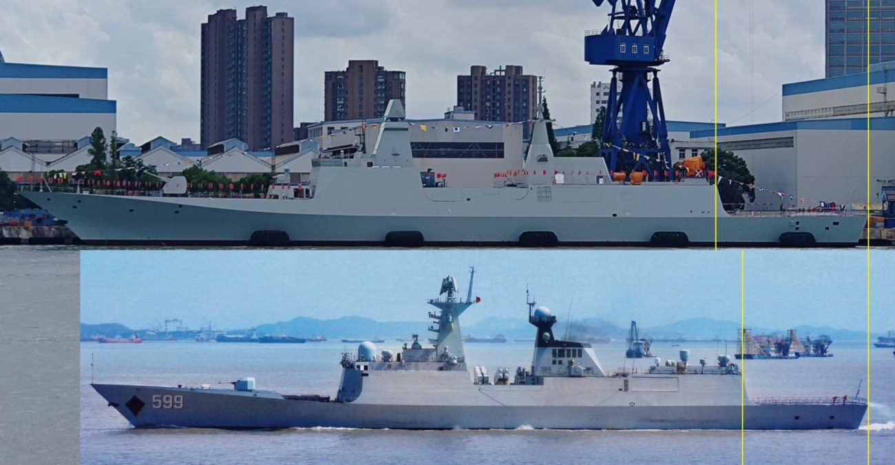 A kínai haditengerészet rakétás fregattjainak összehasonlítása. Felül az új Type 054B jelű változat, míg alul a régebbi, Type054A látható. Forrás: X / Dan Cooper