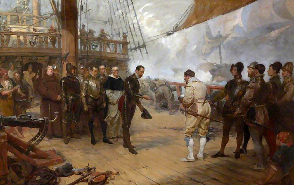 Pedro de Valdés tengernagy átadja kardját Francis Drake kapitánynak a brit Revenge hadihajó fedélzetén, miután a spanyol Armada vereséget szenvedett 1588-ban. (John Seymour Lucas -1889 olajfestménye)