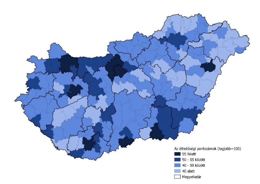 Az élhetőségi pontszámok Magyarország különböző járásaiban (maximum=100; Forrás: MBH Index-számítás)