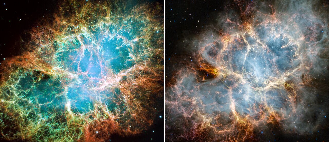 On the left is the 2005 Hubble optical wavelength image of the Crab Nebula. On the right is a new image of the object from the James Webb Space Telescopeâs NIRCam (Near-Infrared Camera) and MIRI (Mid-Infrared Instrument) instruments that has revealed new details in infrared light. In Webbâs infrared observation, a crisp, cage-like structure of fluffy red-orange filaments and knots of dust surround the objectâs central area. However, some aspects of the inner workings of the Crab Nebula become more prominent and increase in detail in infrared light. In particular, Webb highlights what is known as synchrotron emission, seen here with a milky smoke-like appearance throughout the majority of the Crab Nebulaâs interior. We invite you to use the slider tool to further inspect the details of these images.