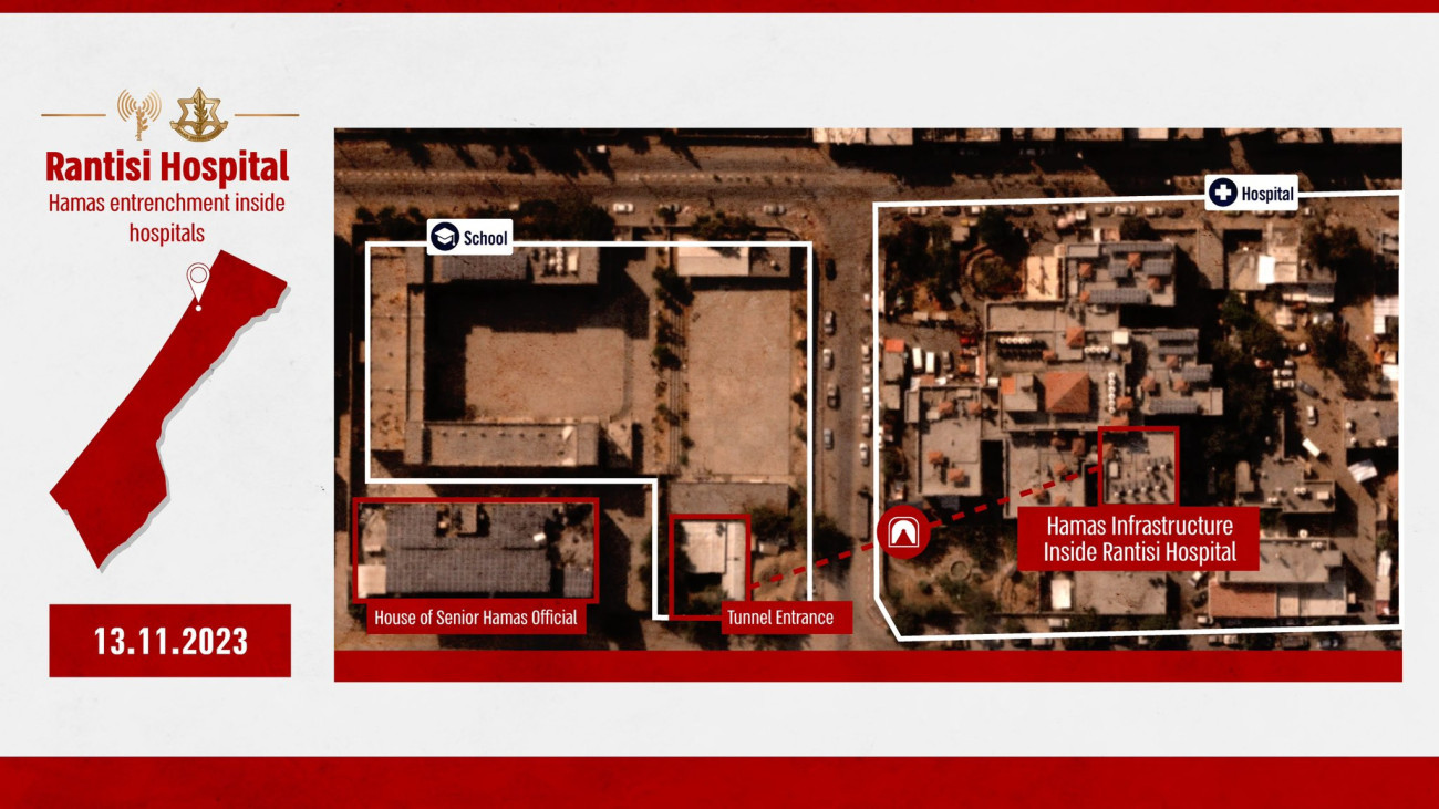 A gázai Rantiszi kórházról készült légfelvétel. Balra egy iskola, amelynek közvetlen közelében van a Hamász egyik vezetőjének háza. Emellett találtak egy lejáratot, ami a kórház alatt lévő rejtekhelyhez vezető alagúthoz tartozott. Forrás: X / Israel Defense Forces