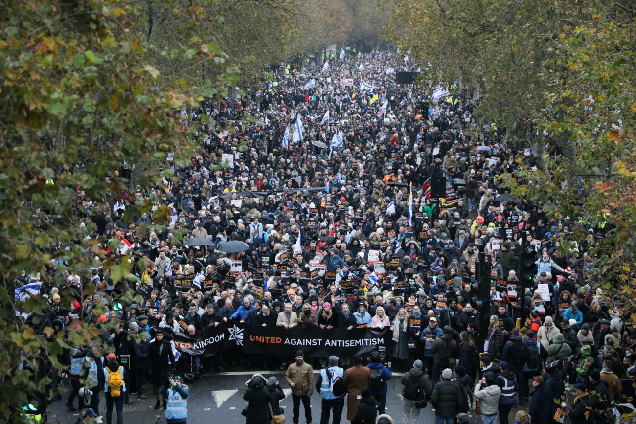 LONDON, ENGLAND - NOVEMBER 26: Protestors march against anti-Semitism on November 26, 2023 in London, England. The ongoing war between Israel and Hamas has sparked a wave of protests across Europe, and heightened concerns over anti-Semitism among Jewish communities. (Photo by Alishia Abodunde/Getty Images)