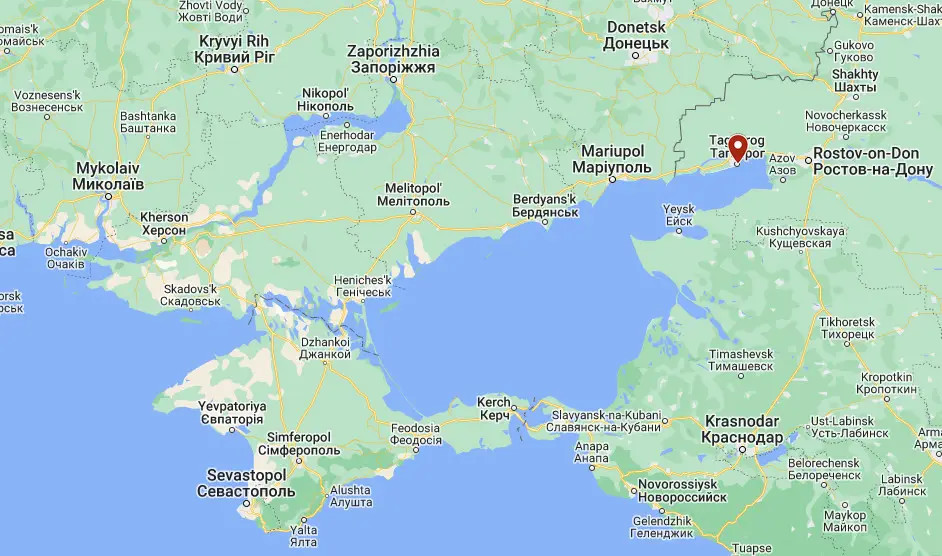 Taganrog, orosz város az Azovi-tenger észak-keleti medencéjében. Forrás: Google Maps