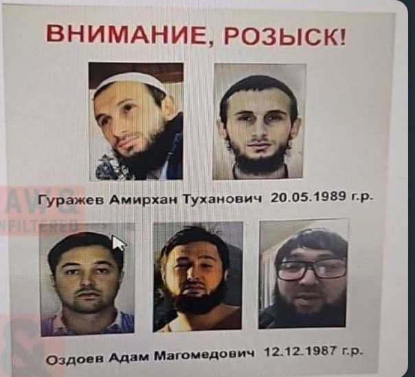 A moszkvai merénylet feltételezett tettesei az orosz Szövetségi Biztonsági Szolgálat (FSZB) plakátján. Forrás: X / Incognito