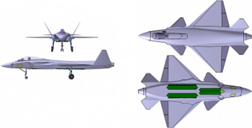 A SAAB új harci gépének fantázia rajza. Zölddel a zárható fegyvereteket jelölték, amikre a lopakodó képesség miatt van szükség. Forrás: SAAB