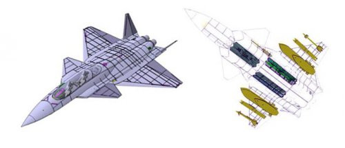 Az első fantázia rajzon jól látszik a gép alacsony észlelhetőségű kialakítása. A második azt mutatja, hogy amikor nem fontos lopakodó képesség, akkor gép a külső függesztési pontokon is tud rakétákat bombákat és pót üzemanyagtartályokat hordozni. Forrás: SAAB