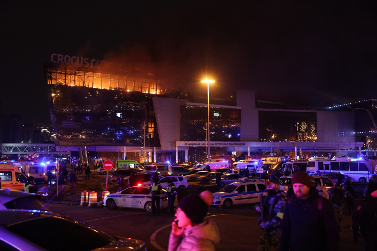 KRASNOGORSK, RUSSIA - MARCH 22: (RUSSIA OUT) A fire rages inside the Crocus City Hall on March 22, 2024 in Krasnororsk, Russia. Early reports indicated multiple people were killed and many were wounded when several gunmen opened fire on the venue. (Photo by Contributor/Getty Images)