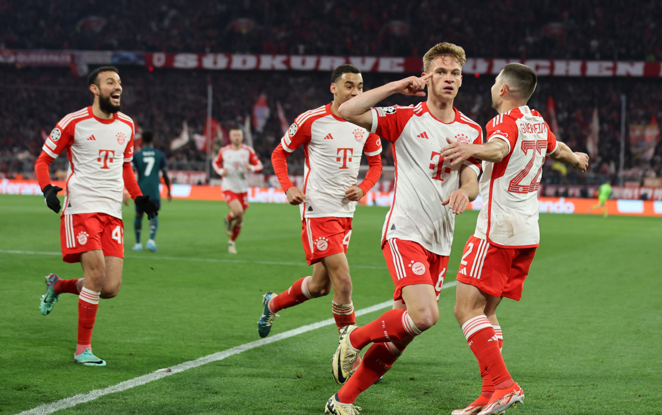 MUNICH, GERMANY - APRIL 17: Joshua Kimmich of Bayern Muenchen celebrates as he scores the goal 1:0 during the UEFA Champions League quarter-final second leg match between FC Bayern MĂźnchen and Arsenal FC at Allianz Arena on April 17, 2024 in Munich, Germany. (Photo by Stefan Matzke - sampics/Getty Images) (Photo by Stefan Matzke - sampics/Getty Images)