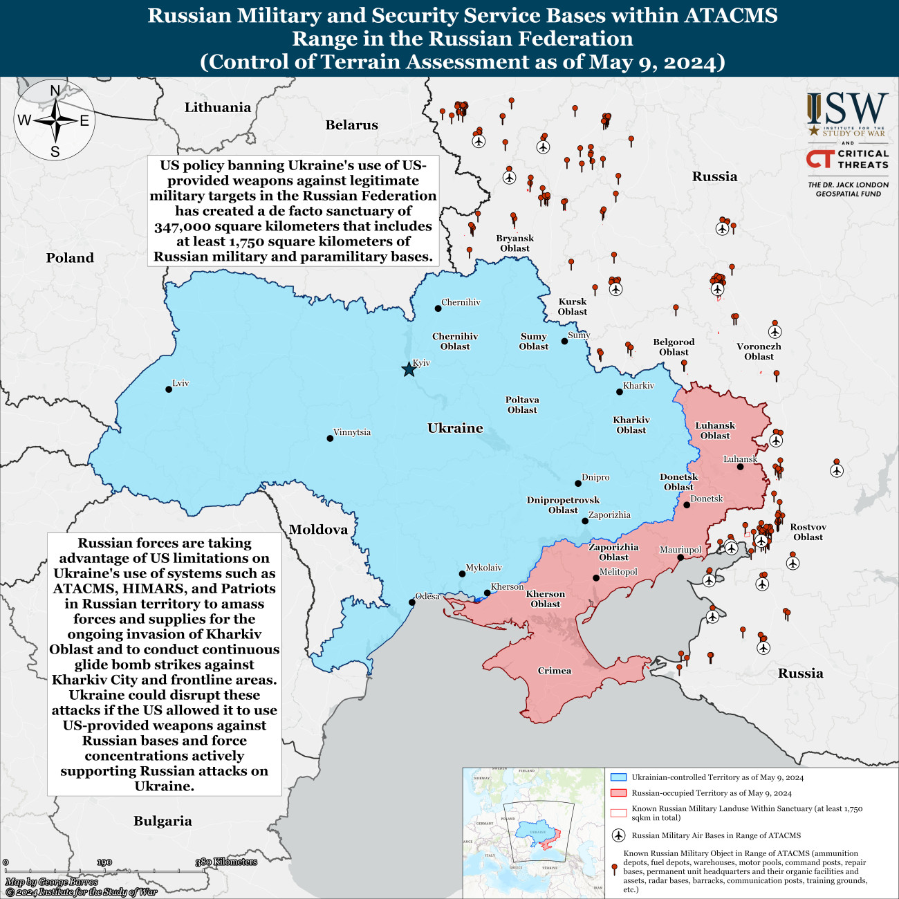 Az ukrán határ közelében található legfontosabb orosz katonai létesítmények és repülőterek. A piros pontok a bázisokat, a körben lévő repülőgépek a légitámaszpontokat jelölik. Ezek mind a nyugati csapásmérő fegyverek hatótávolságán belül vannak. Forrás: ISW