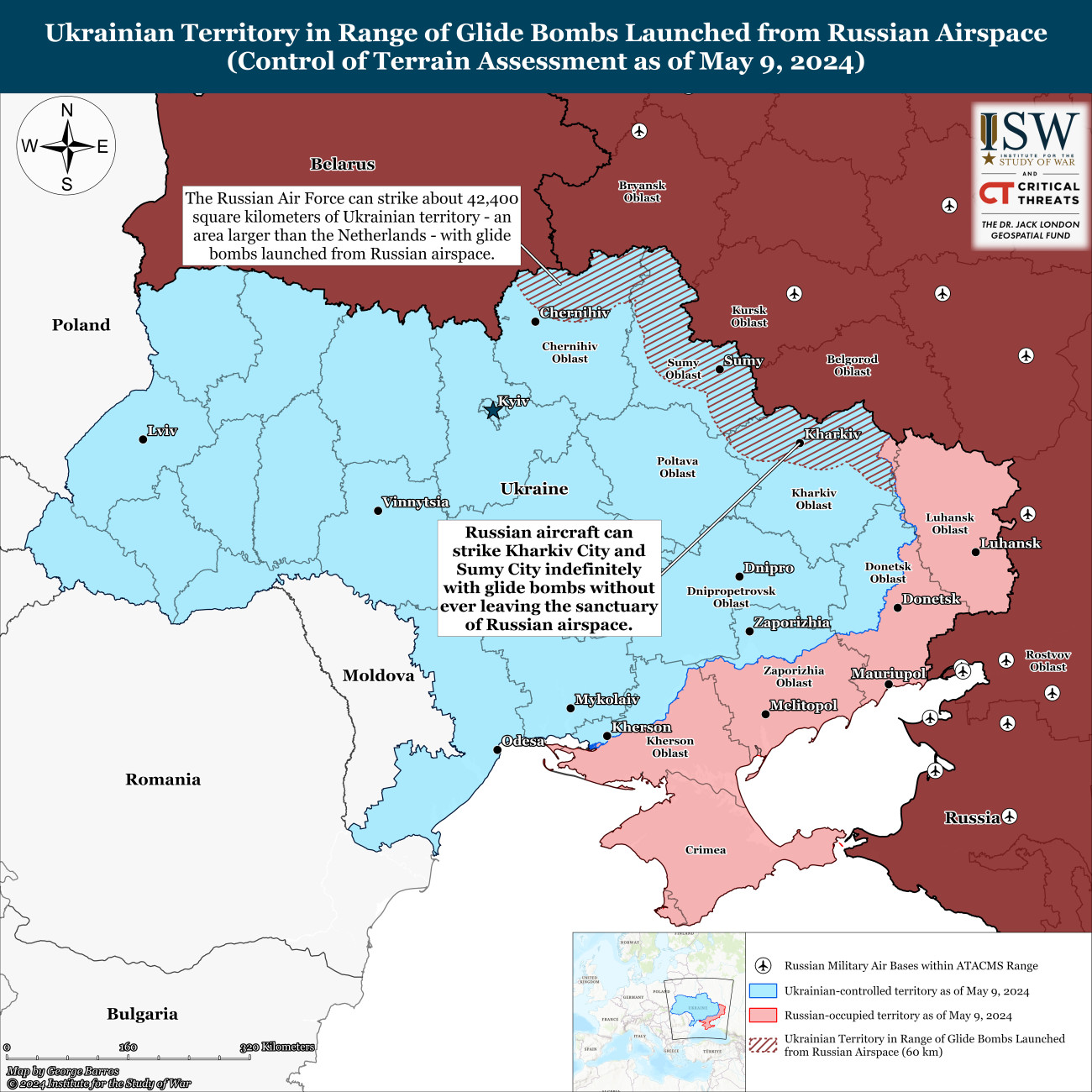 Az orosz légierő 42400 négyzet kilométernyi ukrán területet képes úgy bombázni, hogy a gépei nem lépik át határt. Ez  nagyobb terület, mint amekkora Hollandia. Háborítatlanul támadhatják Harkiv , Szumi és Csernyihiv városokat. Összesen 2480 ukrán települést rombolhatnak anélkül, hogy a légelhárítástól kellene tartaniuk.  Forrás: ISW