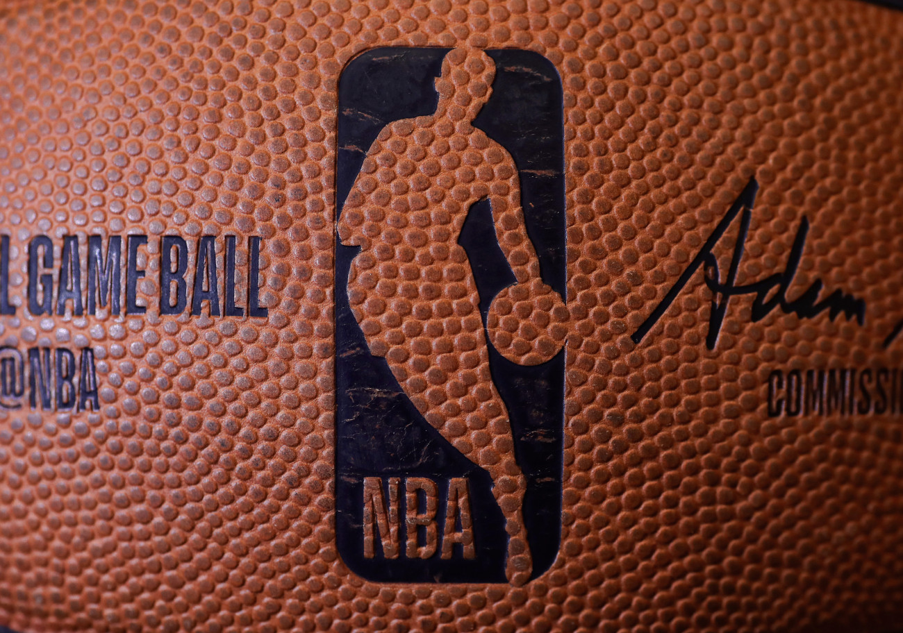 TORONTO, ON - OCTOBER 26: A detailed view of the dimpled NBA logo on a basketball patterned after a silhouette of former player Jerry West before the start of the Toronto Raptors NBA game against the Dallas Mavericks at Scotiabank Arena on October 26, 2018 in Toronto, Canada. NOTE TO USER: User expressly acknowledges and agrees that, by downloading and or using this photograph, User is consenting to the terms and conditions of the Getty Images License Agreement. (Photo by Tom Szczerbowski/Getty Images)