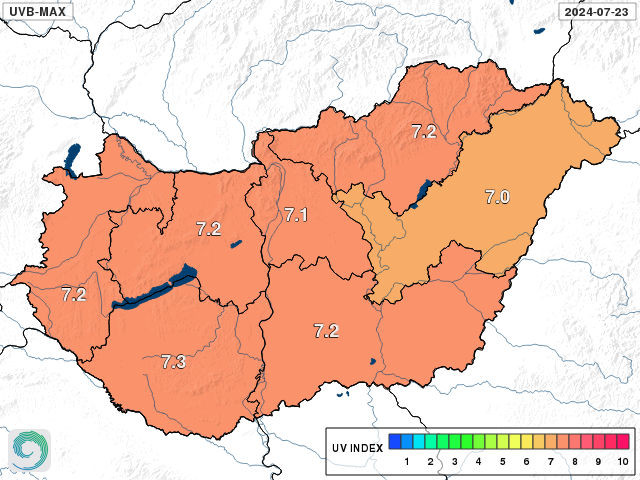 Ezen a térképen a kedden várható UV sugárzási maximumok láthatók. Forrás: HungaroMet Nonprofit Zrt.