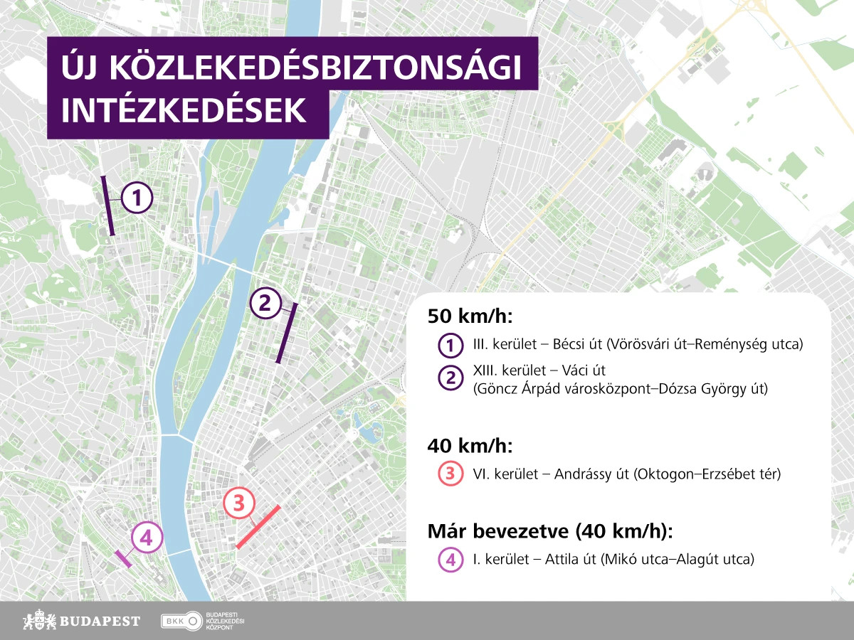 Ezeken az útszakaszokon csökken a legnagyobb megengedett sebesség. Forrás: BKK