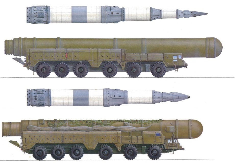 Felül a Temp-2Sz interkontinentális ballisztikus rakéta, alatta pedig a - harmadik fokozat elhagyásával ebből kialakított - RSzD-10 Pionyer (SS-20 Sabre) közepes hatótávolságú fegyver. Forrás: Defense Express