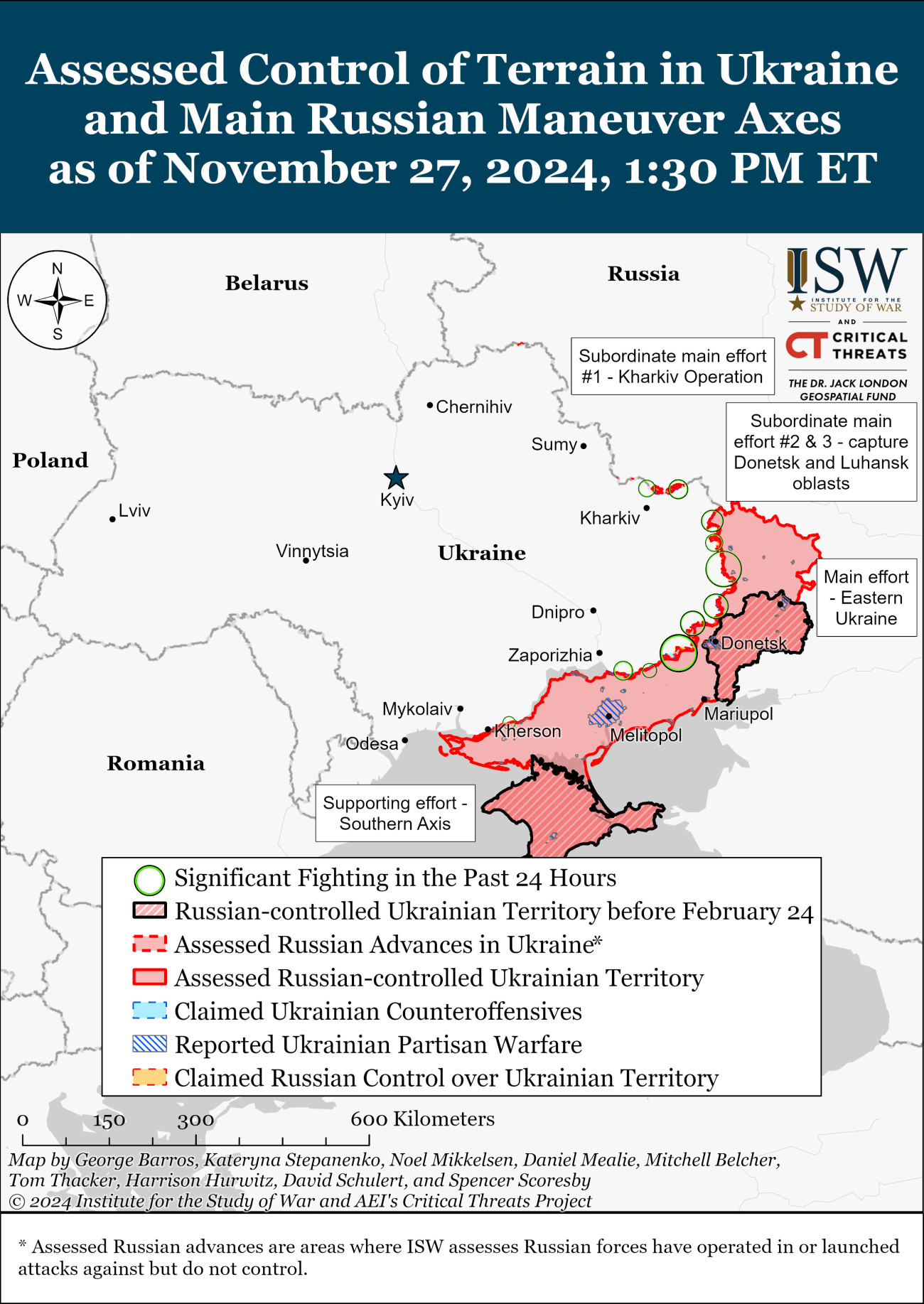 A washingtoni Háborús Tanulmányok Intézete(ISW) által készített térképen, zöld körök jelzik, hol tombolnak a leghevesebb csaták. Forrás: ISW