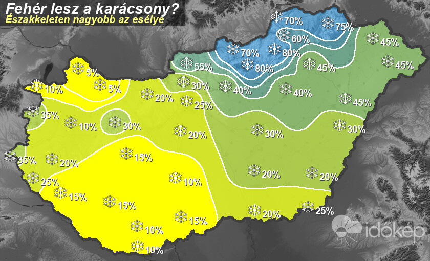 2024. december 18-i előrejelzés: pillanatnyilag északkeleten van a legnagyobb esély fehér karácsonyra.