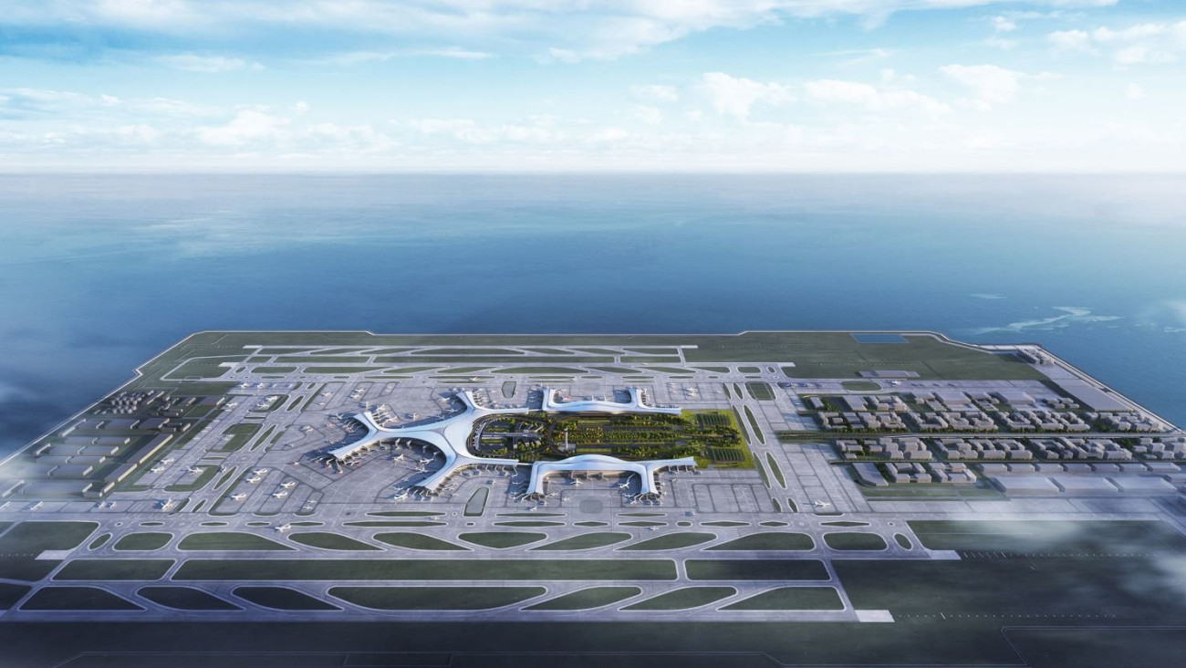 Ilyen lesz a Dalian Jinzhou Bay International Airport, ha majd teljesen elkészül 2035-ben. Forrás: X / GT Medya