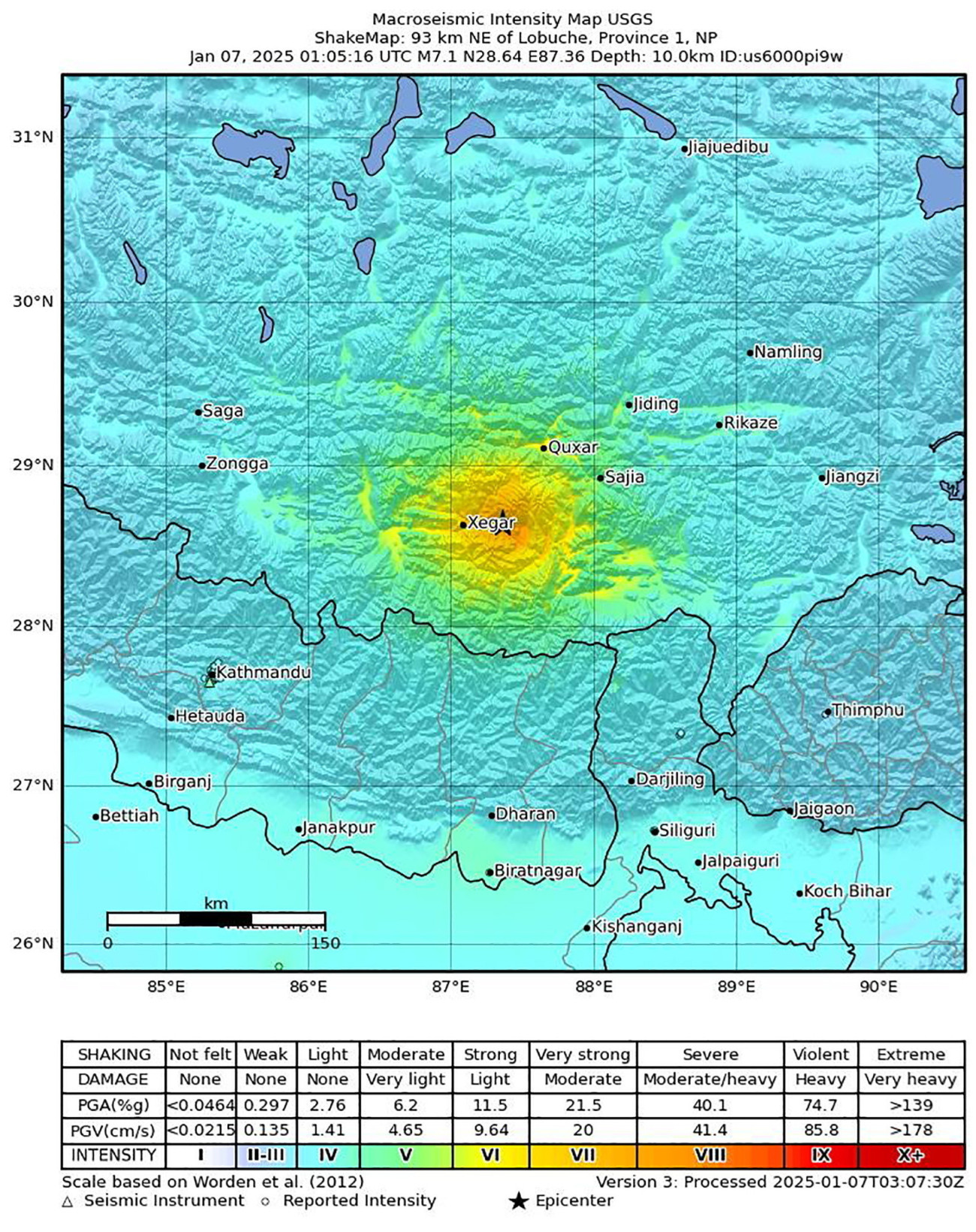 Tingri megye, 2025. január 7.
Az amerikai földtani intézet (USGS) térképén színfolt jelöli a 2025. január 7-én bekövetkezett, 6,8-as erejű földrengés által leginkább érintett területet, a délnyugat-kínai Tibeti Autonóm Területen fekvő Tingri megyét. A földmozgás epicentruma 10 kilométer mélyen volt. A rengéseket Nepálban, Bhutánban és Észak-Indiában is érezni lehetett.
MTI/EPA/USGS