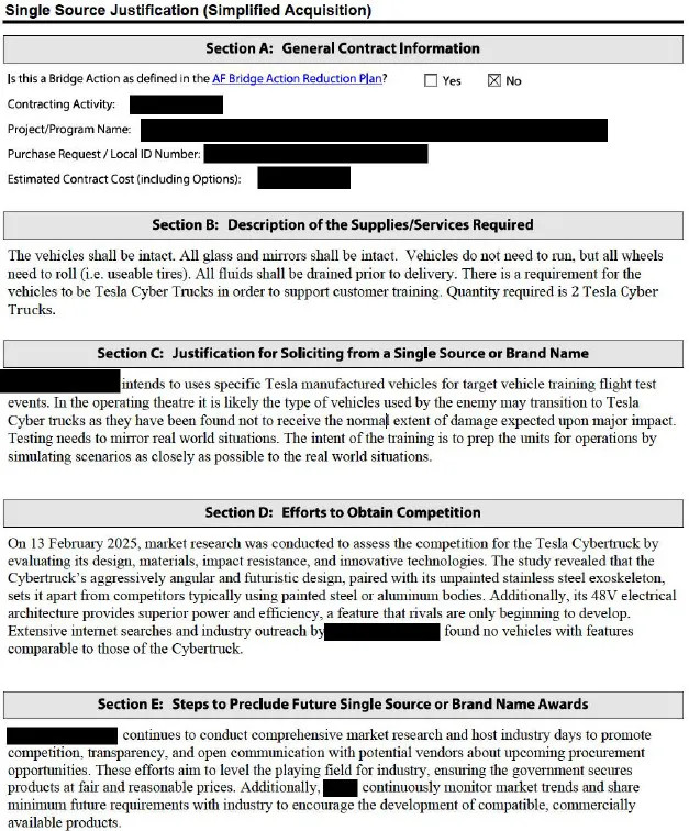 A pályázati kiírás legfontosabb szakaszai, amelyek megindokolják a Cybertruckok beszerzését. Kép: USAF