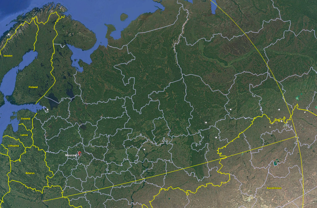 Egy Kijevből indított FP-5 rakétadrón a sárga köríven belül bármilyen orosz célpontot elérhet. A hatótávolság már benyúlik Szibériába is. Kép: Google Earth