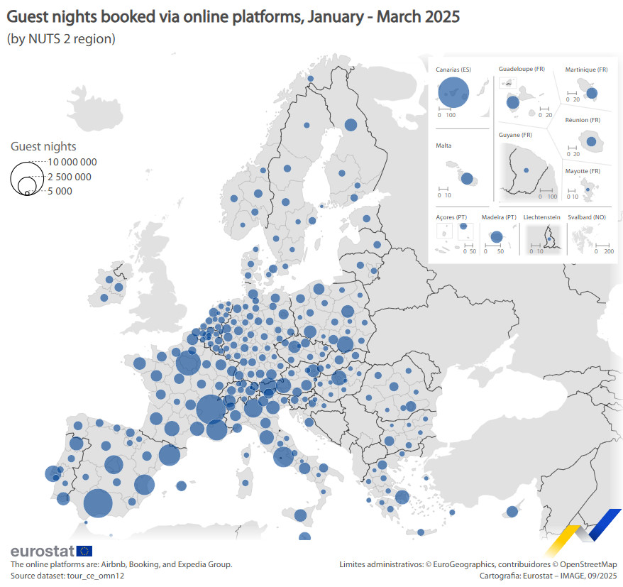 A teljes méretű, interaktív ábra itt tekinthető meg: https://ec.europa.eu/eurostat/documents/4187653/22266075/guest-nights-booked-online-platforms-january-march-2025.html/