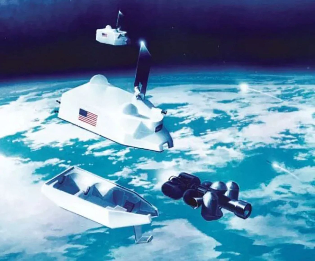 Így képzelte el egy grafikus azt a pillanatot, amikor a Ragyogó Kavics egyik műholdja elindítja rakétagyilkos fegyverét. Kép: USAF/Public Domain