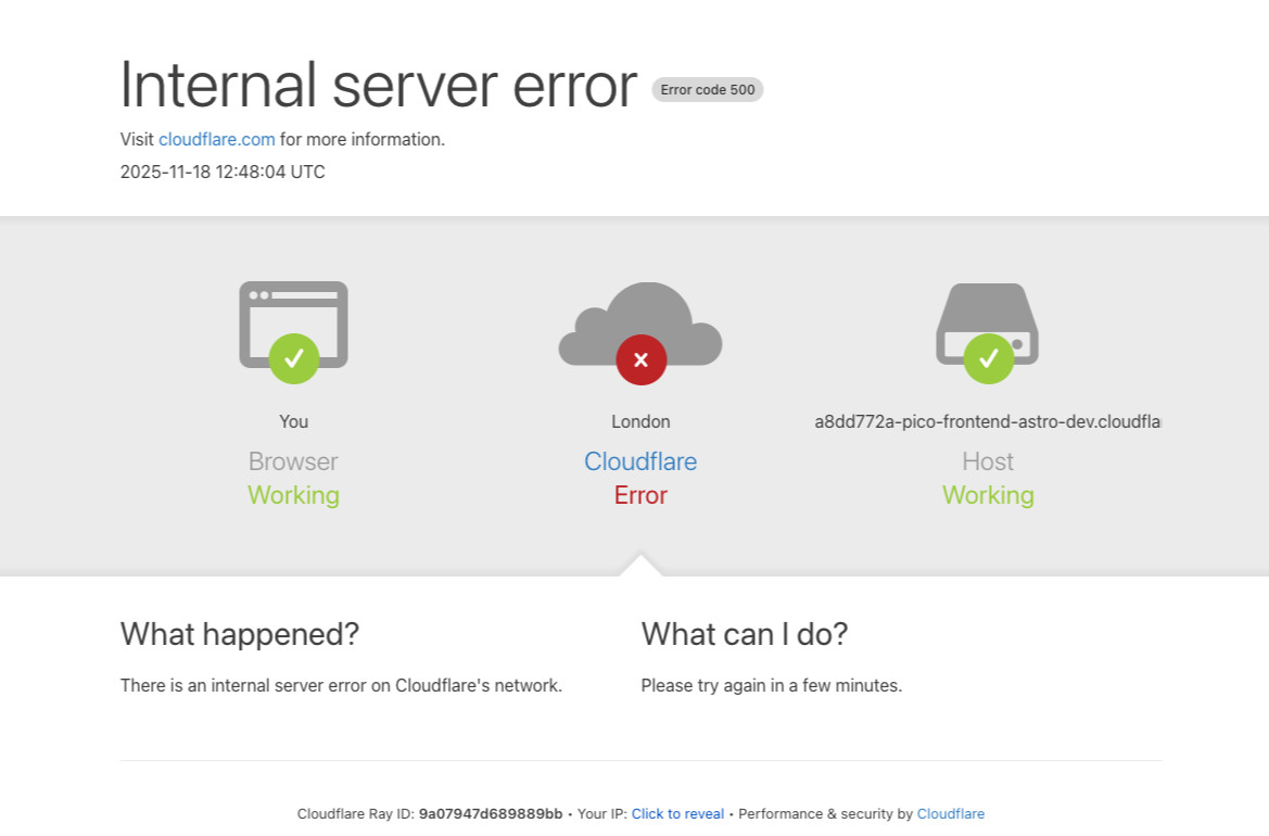 A Cloudflare internetes szolgáltatás hibaüzenete 2025. november 18-n. A leállás világszerte több oldalt, többek között az X-et és a Spotify-t tette elérhetetlenné.