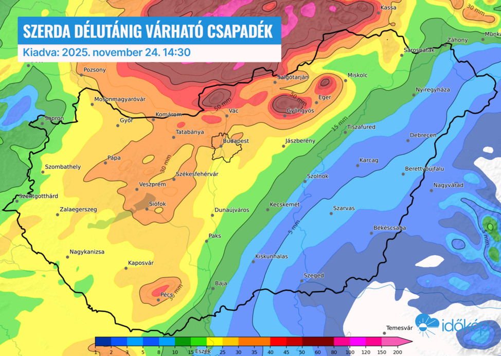 A szerda délutánig hulló csapadék várható mennyisége