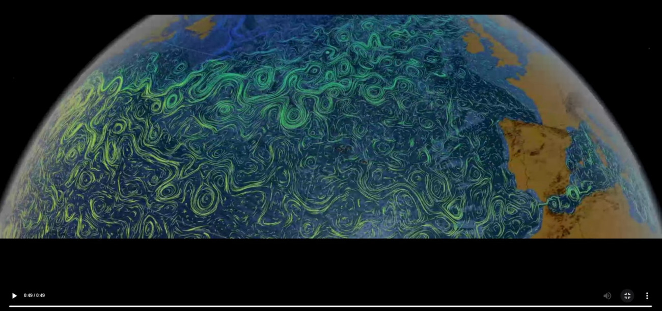 A mozgó vonalakkal a Golf-áramlat tengermozgásait, színeivel a felszíni vízhőmérsékletét mutató NASA-animáció – a videóért kattintson a képre vagy IDE