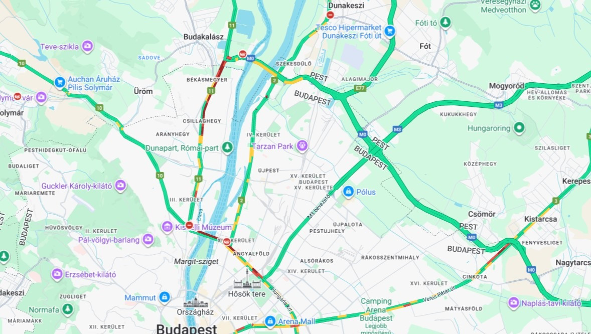 Torlódás a kamionosok útvonalán délután háromkor (Google Térkép)