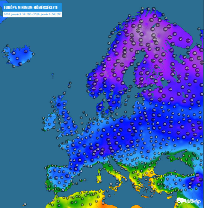 minimumhőmérsékletek Európában 2026. január 6-án