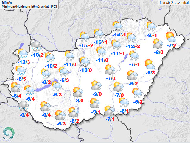 Hungaromet térképes időjárás-előrejelzés 2026. február 21. szombatra