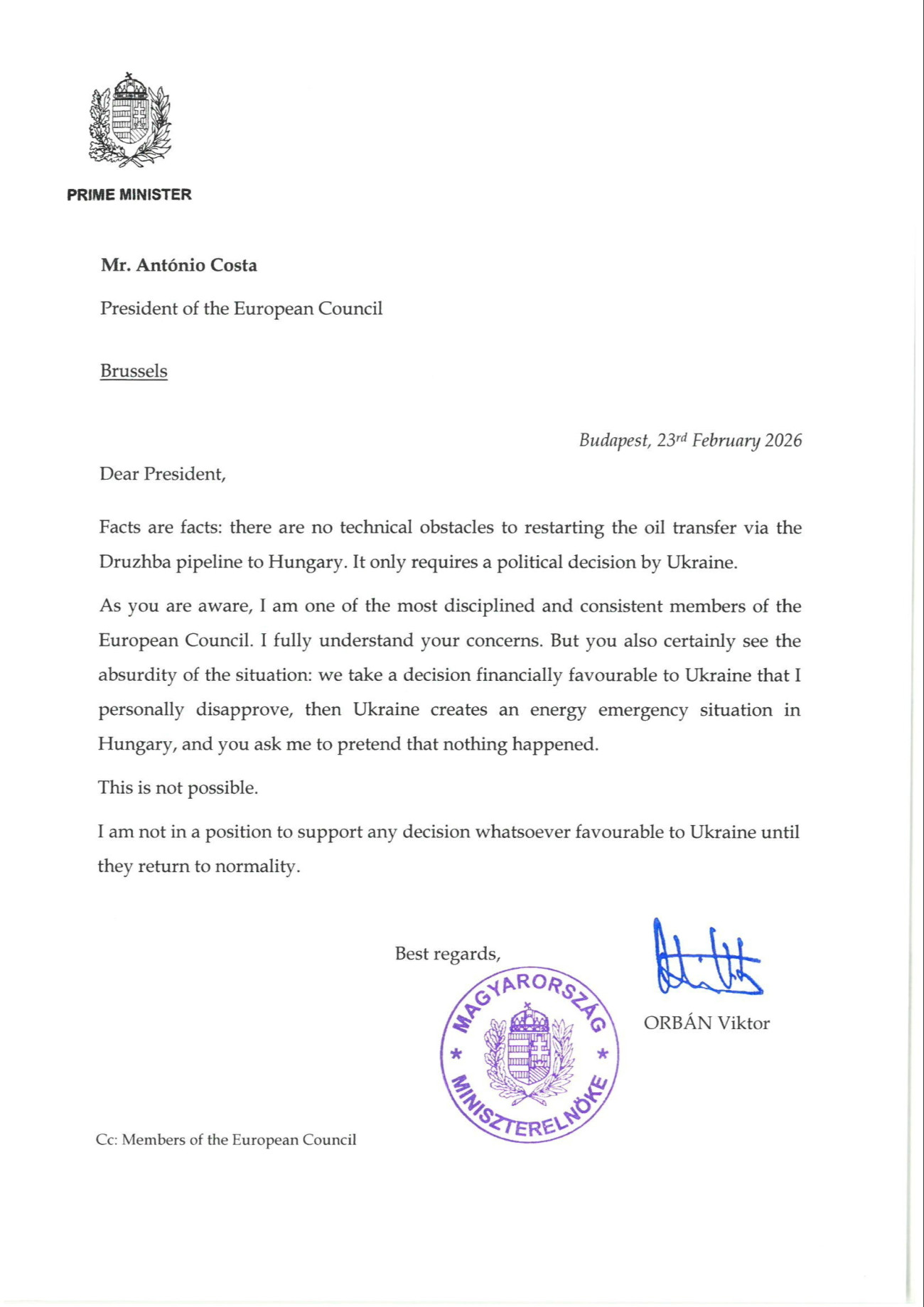 Budapest, 2026. február 24.
A Miniszterelnöki Kommunikációs Fõosztály által közreadott képen Orbán Viktor miniszterelnök António Costának, az Európai Tanács elnökének küldött levele 2026. február 24-én.
MTI/Miniszterelnöki Kommunikációs Fõosztály