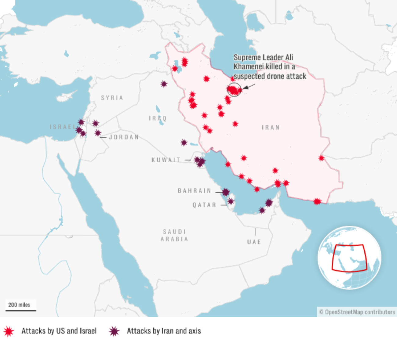 A Perzsa-öbölben dúló háborúban eddig az iráni célpontokra (piros) és a perzsa állam által válaszul a szomszédos országokra (lila) mért légicsapások. Forrás:  Institute for the Study of War