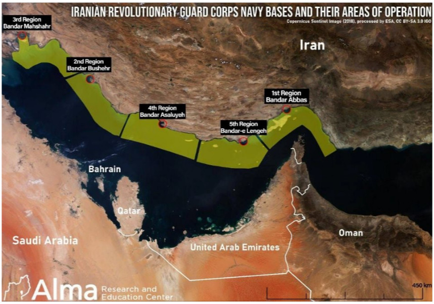 A szorosnál az iráni Forradalmi Gárda tengerészgyalogos erői (7600 fő). Forrás: Resperger István ezredes, egyetemi tanár