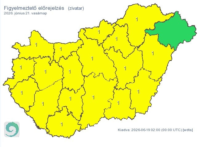 A HumgaroMet által kiadott figyelmeztetések zivatarokra június 21-ére, vasárnapra. Forrás: HungaroMet