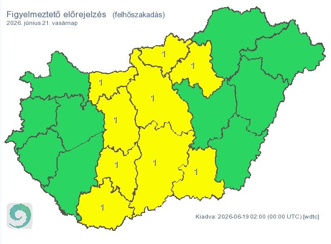 A HumgaroMet által kiadott figyelmeztetések felhőszakadásokra június 21-ére, vasárnapra. Forrás: HungaroMet