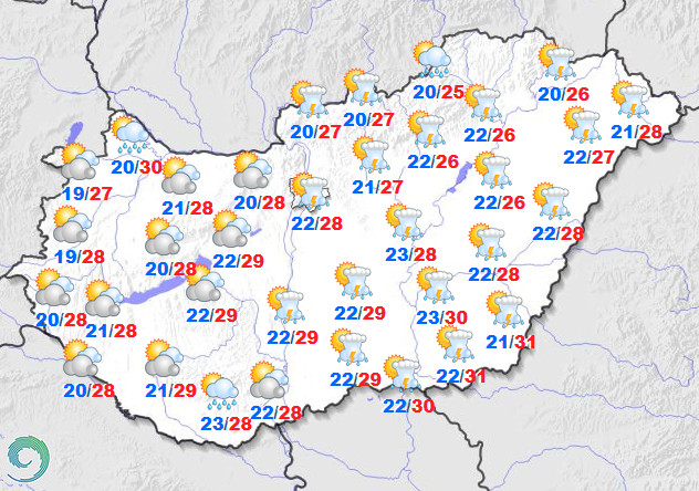 A várható minimum/maximum hőmérséklet csütörtökön.