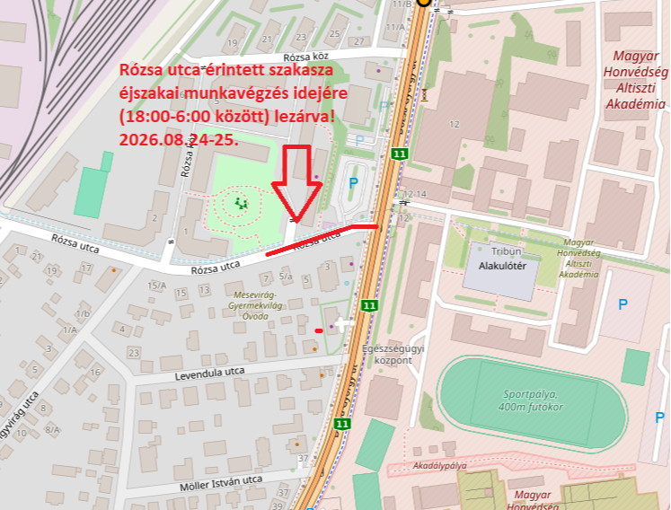 Az augusztus 24-25-én éjszakára lezárt Rózsa utcai szakasz Szentendrén. Forrás: Magyar Közút Nonprofit Zrt.